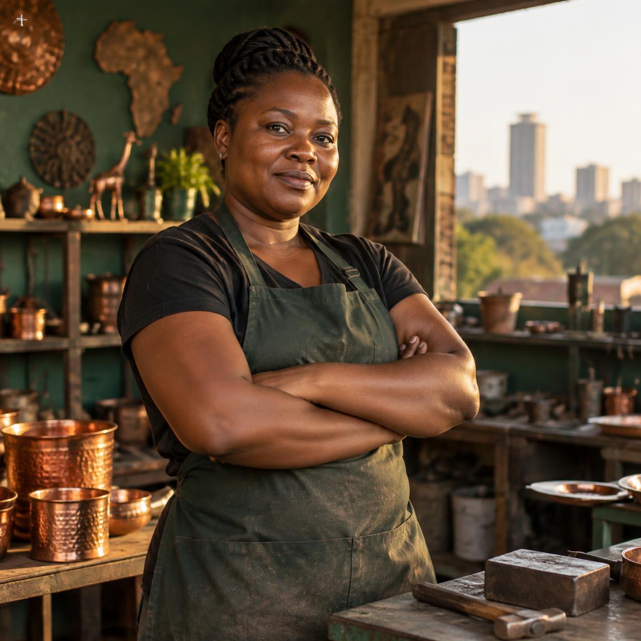 Zambian small business owner standing in her copperware workshop in Lusaka